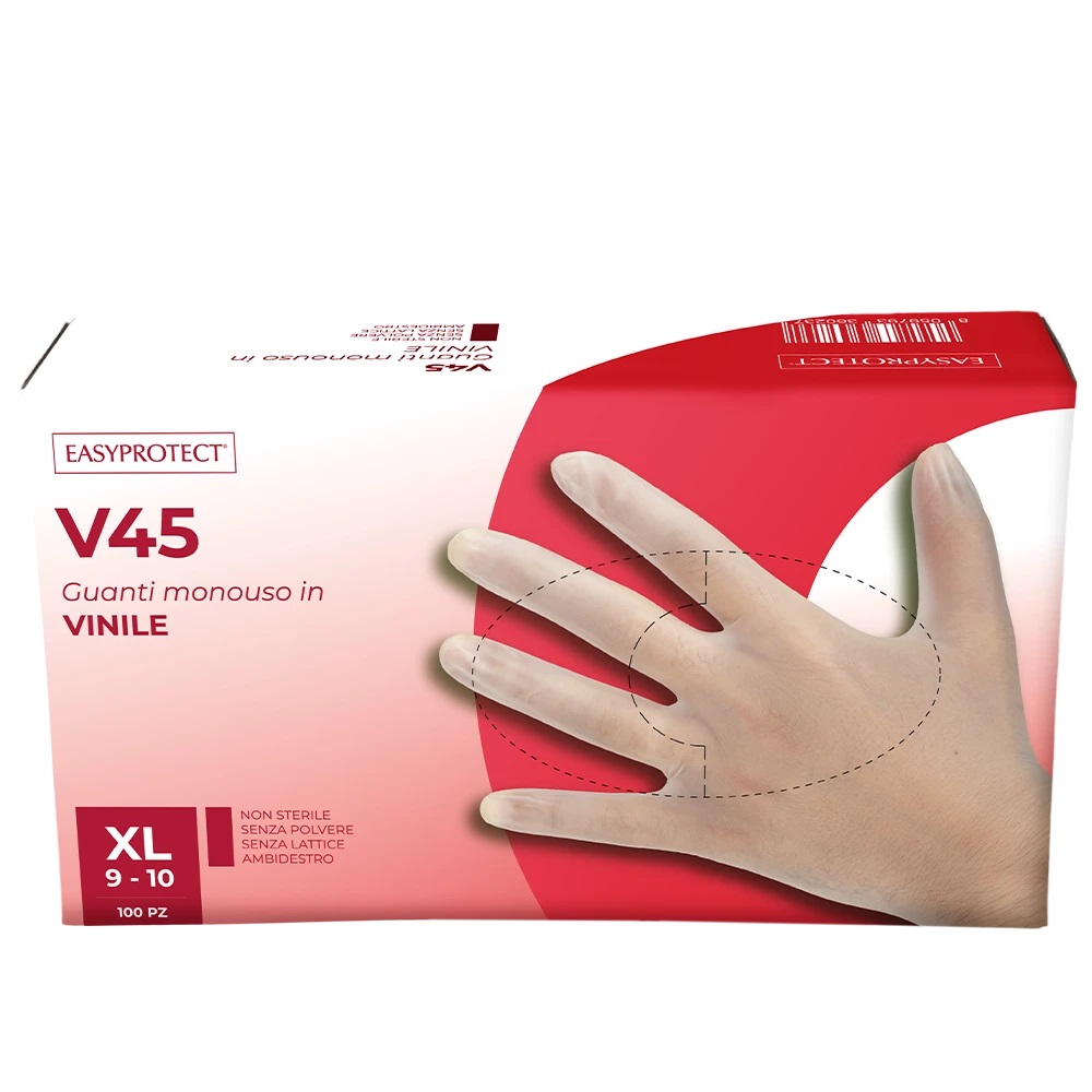 GUANTI MONOUSO IN VINILE V45 ELASTICIZZATO S/POLVERE  CONF. 100PZ