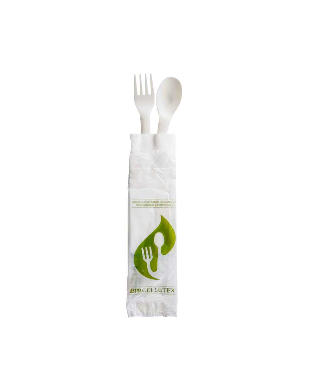 SET BIS POSATE BIO E COMPOST. FORK + SPOON. CPLA + TOV 33x33 BIANCO 2 V CRT. 500 PZ