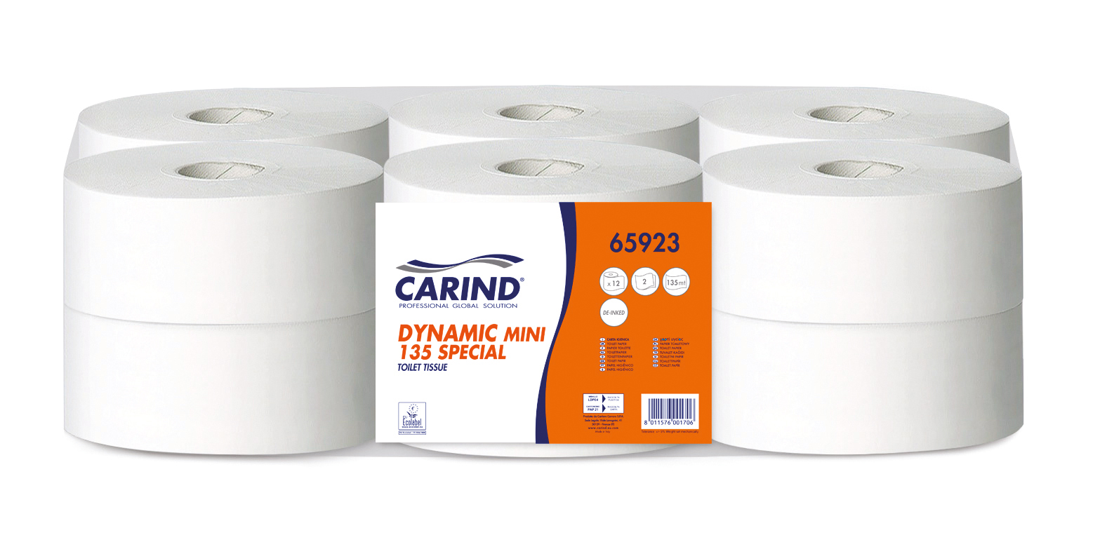 IGIENICA MINI JUMBO 2 VELI CARTA ECOLOGICA 65923 CARIND DYNAMIC MINI 135 m, IMBALLO 12 ROT.